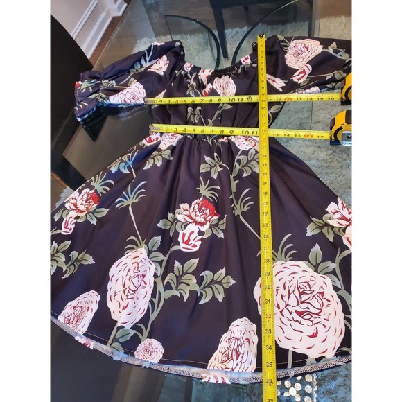 SHEIN Women's Black Floral Polyester Round Neck Off Shoulder Length Dress M - Picture 9 of 10